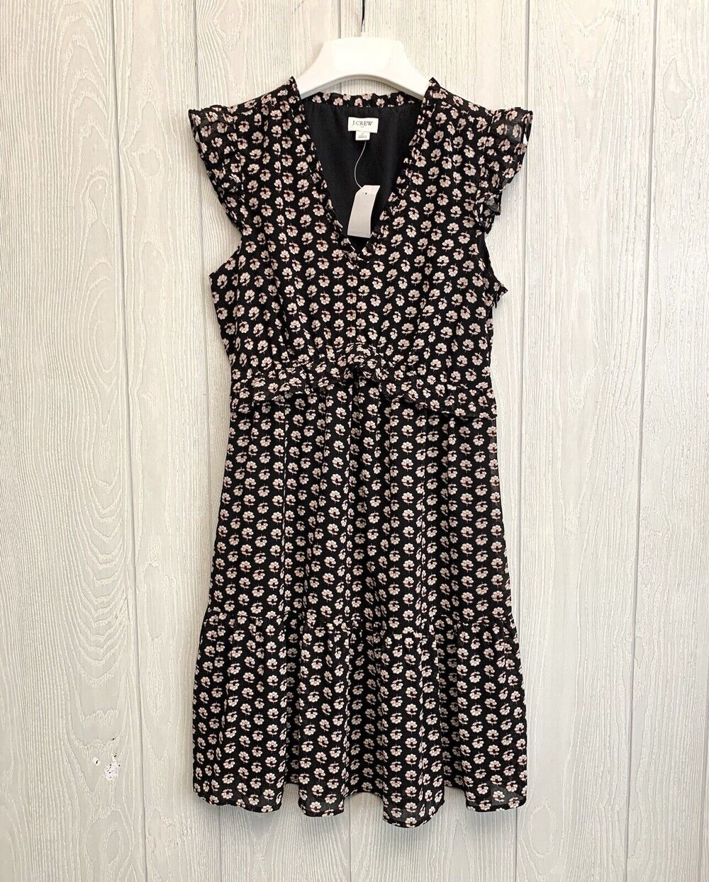 J. Crew V-Neck Flutter Sleeve Black Floral V-Neck Dress Size 2 NWT